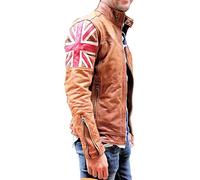 Aksah Fashion Men's Union Jack UK Flag Sleeves Cafe Racer Vintage Biker Brown Motorcycle Leather Jacket