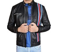 Aksah Fashion Mens Venom 2 Tom Hardy Eddie Brock Black Biker Leather Jacket with Red and Blue Stripes