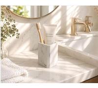 AKSHIDE Marble Toothbrush Holder, Square Cup for Bathroom, Desk Pencil Organiser, White Marble to hold Spoons,Forks,Makeup items (White)