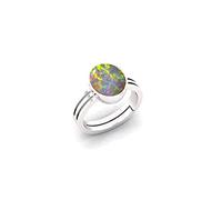 Akshita gems 6.00 Ratti 5.75 Carat Super Multi Fire Opal Silver Ring Certified Natural Oval White Australian Loose Gemstone (Certified Lab Certificate Card), Silver Plated