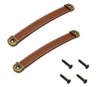 AKSIQIOL 2 Pcs Leather Drawer Handles - Vintage Leather Pulls for Cabinet, Dresser, Trunk & Suitcase with Mounting Screws (Brown)