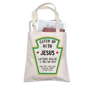 AKTAP Funny Jesus Religious Tote Bag Love Jesus Gift Catch Up With Jesus Canvas Bag Jesuit Believers Gift Idea (Jesus Tote)