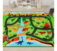 AKUNRUG Dinosaur Safari Road Map Carpet Playmat Rug, 150x100 CM Non-Slip Play Mat for Kids' Playroom Bedroom, Track Rug for Toy Cars