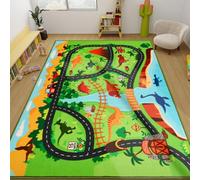 AKUNRUG Dinosaur Safari Road Map Carpet Playmat Rug, 200X150 CM Non-Slip Play Mat for Kids' Playroom Bedroom, Track Rug for Toy Cars
