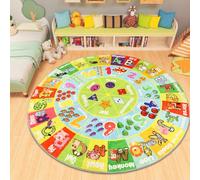 AKUNRUG Round ABC Kids Rug, 120CM/47IN Educational Playmat Rug Carpet Alphabet Animal Number Shape Faux Wool Early Learning Carpet for Children Playroom Game Area Playmat Circle Preschool Kindergarten