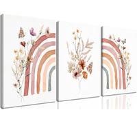 AKWISH Boho Rainbow Wall Art for Girls Room - Set of 3 Framed Wildflower Canvas Prints for Nursery, Baby Girl Room, Kids or Dorm Decor - Soft Pastel Botanical Bohemian Wall Decor 12x16in