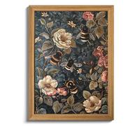 AKWISH Framed 3D Textured Vintage Wall Art - Dark Academia Bumble Bee Hand Drawn Sandstone Paintings with Botanical Florals, Aesthetic Wall Decor for Living Room Bedroom Home 12x16 inch