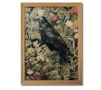 AKWISH Framed 3D Textured Vintage Wall Art - Dark Academia Decor Hand Drawn Sandstone Black Crow Paintings with Botanical Florals, Aesthetic Wall Decor for Living Room Bedroom Home 12x16 inch