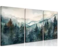 AKWISH Framed Green Forest Canvas Wall Art Set of 3, Boho Misty Watercolor Pine Tree Wall Decor Art, Nature Scenery Foggy Mountain Posters Prints for Living Room, Bedroom, Office 16x24 In