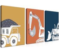 AKWISH Framed Nursery Construction Truck Wall Art Set of 3 - Cute Excavator Tractor Dump Truck Canvas Prints, Boys Bedroom and Baby Room Wall Decor, Playroom Vehicle Artwork - 16x24in