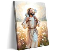 AKWISH Jesus Canvas Wall Art Print - Christian Wall Decor Poster Painting of Jesus Carrying the Lamb, Inspirational Religious Decor for Living Room, Church or Prayer Room - 12"x16" Framed