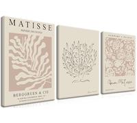 AKWISH Matisse Aesthetic Canvas Wall Art Set of 3, Abstract Henri Matisse Beige Neutral Wall Home Decor Boho Flower Abstract Poster Prints, for Living Room Bedroom, 12x16 Framed
