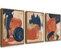 AKWISH Mid Century Abstract Canvas Wall Art Set of 3, Terracotta Navy Blue and Orange Boho Wall Decor Posters Prints, Minimalist Wall Art Painting for Living Room Bedroom Office 16x24in Brown Framed