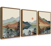 AKWISH Mountain Canvas Wall Art Set of 3, Boho Watercolor Poster Prints Paintings, Sun Forest Abstract Nature Landscape Artwork Wall Decor for Living Room, Bedroom, Office 16x24 In Brown Framed