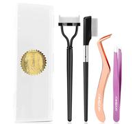 Akxsinka 4-in-1 Eyelash Comb and Tweezers Kit with Case - Eyelash Brush with Cover, Metal Teeth Mascara Comb Separator Tool, Eyebrow Tweezers, Lash applicator for Women Daily Makeup and Travel