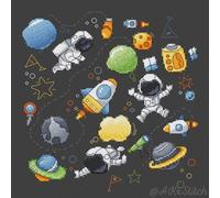 AKxStitch Astronaut Nursery Cross Stitch Kit - Space Adventures Birth Announcement Embroidery Pattern, Rocket Ship Counted Cross Stitch Supplies for Baby Boy