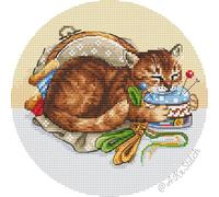 AKxStitch Cat Cross Stitch Kit/Stitching Buddy Sitting on Fabric and Threads Embroidery Pattern and Supplies Cat Lover Gift