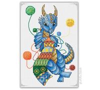 AKxStitch Knitting Dragon Cross Stitch KIT, Cute Winter Embroidery Pattern of Crafty Blue Dragon Crocheting Cosy Bright Scarf, Craft Room