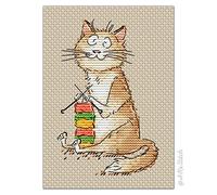 AKxStitch Knitting Mad Crafty Cat Cross Stitch KIT PDF Chart, Funny Cute Embroidery Pattern of Adorable Kitten Crocheting Scarf with Wool Yarn