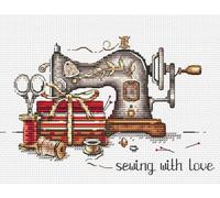 AKxStitch Sewing with Love Cross Stitch KIT PDF Chart, Cute Craft Room Inspired Embroidery of Vintage Singer Sewing Machine, Fat Quarters & Threads (Red)