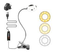 Akynite 7W USB Clip On Bedside Reading Light with Adapter, 3 Colour Changing & 10 Brightness, LED Nail Ring Light Clip on Desk, Flexible Clamp Beauty Lamp for Eyelash Extensions, Silver