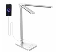 Akynite LED Desk Lamp for Home Office, Double Head Desk Light with Timer, 5 Color Modes 10 Brightness Foldable Table Lamp with USB Charging Port for Reading Study, White