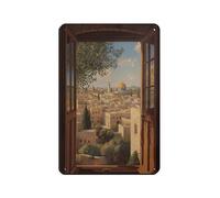 Al-Aqsa Mosque - Palestinian Islamic Window View - Islamic Architectural Art Tin Sign Vintage Metal Pub Club Cafe Bar Home Wall Art Decoration Poster Retro 8x12inch(20x30cm)