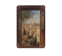 Al-Aqsa Mosque - Palestinian Islamic Window View - Islamic Architectural Art Tin Sign Vintage Metal Pub Club Cafe Bar Home Wall Art Decoration Poster Retro 8x12inch(20x30cm)