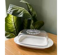 AL-FAHMI Modern Daisy Style Butter Dish with Lid - Dishwasher Safe - Perfectly Sized for Spreads, Grey/White Base 20x12.5x6.5cm