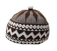 AL ITTIHAF Mens Zigzag HAJI Cap - Kufi All Season Muslim Prayer TOPI Beanie HAT Crown with White Ball - Stretchable ONE Size (Brown)