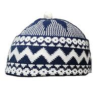 AL ITTIHAF Mens Zigzag HAJI Cap - Kufi All Season Muslim Prayer TOPI Beanie HAT Crown with White Ball - Stretchable ONE Size (Blue)