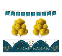 Al-Muallim Books Eid Mubarak Decoration Set - 21 Piece Set with Buntings Flags Banners Balloons - Mubarak Memories 2021 (Teal & Gold)