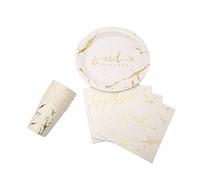 Al-Muallim Books Eid Mubarak Paper Plates Cups Napkins Party Tableware Set 10 Pack - Disposable Cutlery Supplies (White & Gold Marble with Gold Foil (10 Pack) - Plates + Cups + Napkins)