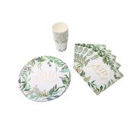 Al-Muallim Books Eid Mubarak Paper Plates Cups Napkins Party Tableware Set 10 Pack - Disposable Cutlery Supplies (Green Leaves with Gold Foil (10 Pack) - Plates + Cups + Napkins)