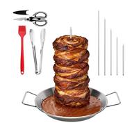 Al Pastor Skewer for Grill, Stainless Steel Vertical Skewer with 10 Inch Base Pan, 5 Replacement Spikes, 1 Brush, 1 Clip, 1 Scissors, for Steak, Chicken, Fish, Turkey Kebab