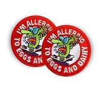 Al’s Allergy Alert Patches, Pin Badges & Stickers - Allergic to Eggs & Dairy- The designs are fun and bright but get the important message of food allergy across. (No Eggs & Dairy - Sew-on Badges x 2)