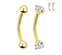ALACLO 2 Pcs 14k Gold Filled Eyebrow Rings, 16G Threaded Rook Piercing Jewelry, Surgical Steel Vertical Lip Labret Belly Tongue Ring Daith Earring Curved Barbells, Yellow Gold, cubic zirconia