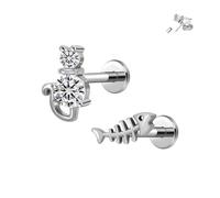 ALACLO 2Pcs Cartilage Earrings for Women 316L Stainless Steel Threadless Flat Back Stud Forward Helix Earrings Tragus Rook Lip Piercing Jewelry 18G 6mm Silver Cute Cat Fish