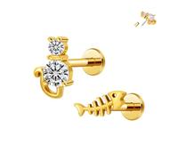 ALACLO 2Pcs Cartilage Earrings for Women 316L Stainless Steel Threadless Flat Back Stud Forward Helix Earrings Tragus Rook Lip Piercing Jewelry 18G 6mm Gold Cute Cat Fish Shape