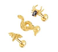 ALACLO 3Pcs Threadless Cartilage Earrings for Women 16G 6mm Gold Flat Back Stud 316L Stainless Steel Bat Spider Snake Halloween Helix Tragus Rook Piercing Jewelry