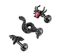 ALACLO 3Pcs Threadless Cartilage Earrings for Women 16G 8mm Black Flat Back Stud 316L Stainless Steel Bat Spider Snake Halloween Helix Tragus Rook Piercing Jewelry