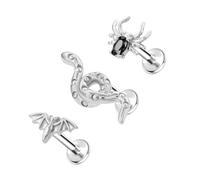 ALACLO 3Pcs Threadless Cartilage Earrings for Women 16G 8mm Flat Back Stud 316L Stainless Steel Bat Spider Snake Halloween Helix Tragus Rook Piercing Jewelry, 16 gauge(1.2mm)-8mm, Stainless Steel, no