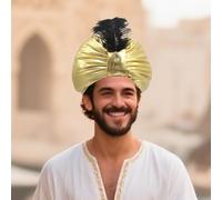 Aladdin Turban Hat, Arabian Hat, Kids Arabian Prince Headwear, Golden Turban Indian Sultan Turban Hats, Gold Indian Sultan King Hats Cap with Feather, Aladdin Theme Party Fancy Dress Up (Yellow)