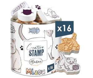 Aladine -16 Cat Stamps with Ink - Foam & Rubber - for Carding, Bullet Journal, Scrapbooking, Hobbies, Drawing - Creative Stamp - Gift Idea for Children Adult, 03714