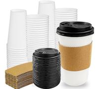 Alaeseje 50 Pack 16 oz Paper Coffee Cups with Lids,Leak-Proof White Hot Beverage Cups with Lids and Sleeves,Disposable Insulated To Go Coffee Cups for Office Party Travel