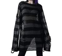 Alafime Grunge Sweater Y2K Striped Ripped Pullover Distressed Oversized Fuzzy Crewneck Streetwear Knitted Punk Goth Clothes, Grey, Free Size