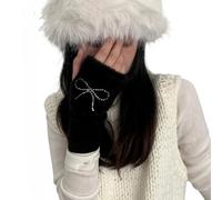 Alafime Women's Y2K Kawaii Fluffy Fingerless Gloves Aesthetics Bow Knitted Fuzzy Gloves Fairy Grunge Thumb Hole Accessories, Black, One size