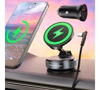 ALAFLY 15W for MagSafe Car Mount Charger, Vacuum Suction Magnetic Wireless Car Phone Holder for iPhone 17 16 15 14 13 12 Pro Max, 360° Adjustable iPhone Charger for Car with USB C Car Charger Adapter