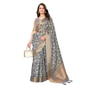 ALAGINI Women's Cotton Silk With Golden Border Floral Embroidery Saree With Blouse Piece, Sea Green, One Size