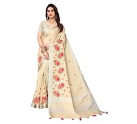 ALAGINI Women's Linen Cotton Woven Embroidery Traditional Saree, Off-white, One Size